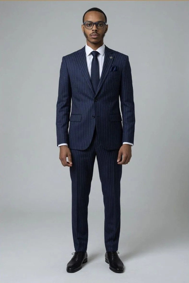 The Mayfair navy pinstripe suit from the Melo Attire collection