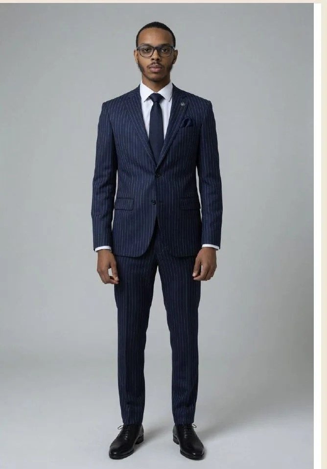 The Mayfair navy pinstripe three-piece suit, front view